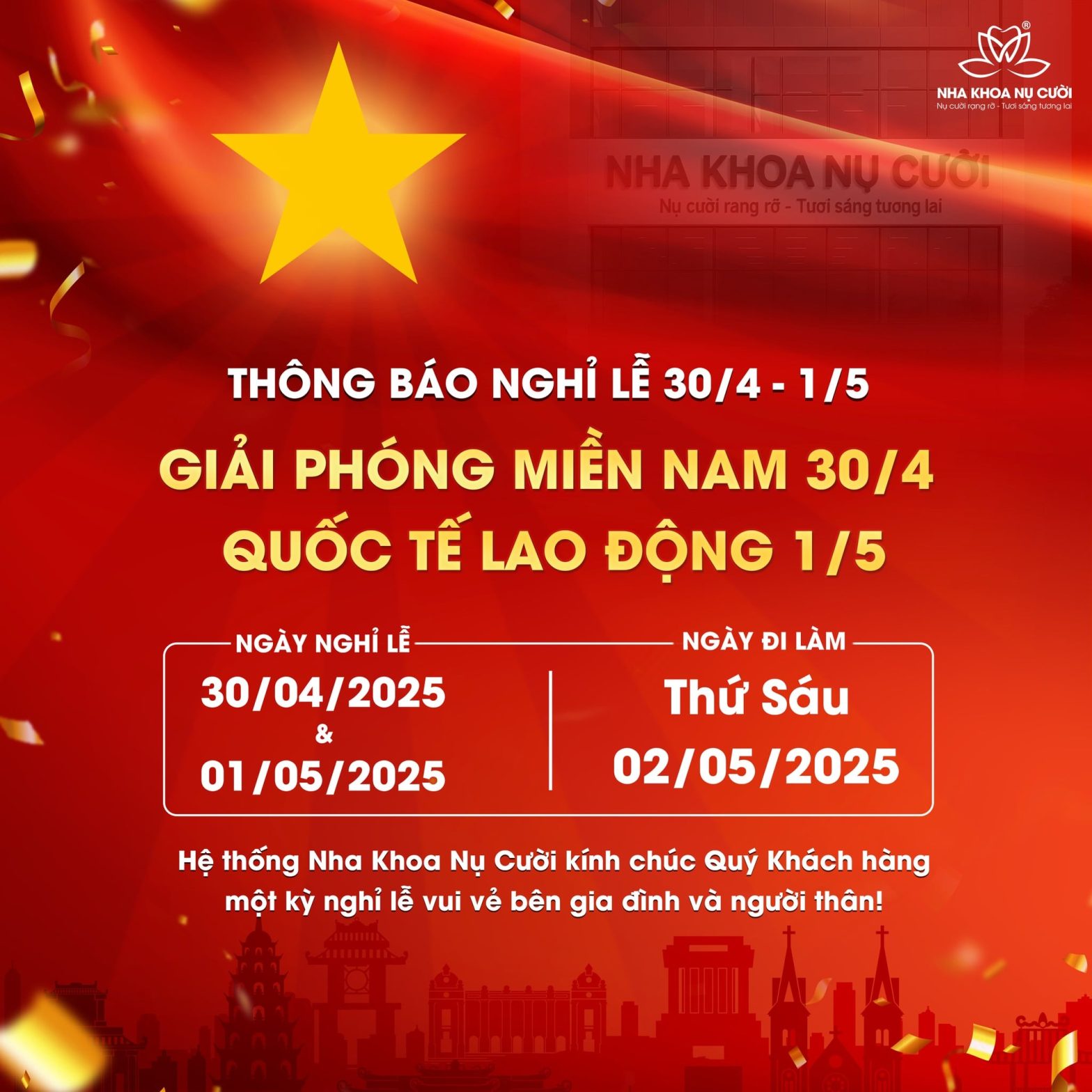 NHA KHOA NỤ CƯỜI THÔNG BÁO LỊCH NGHỈ LỄ 30/4 & 1/5