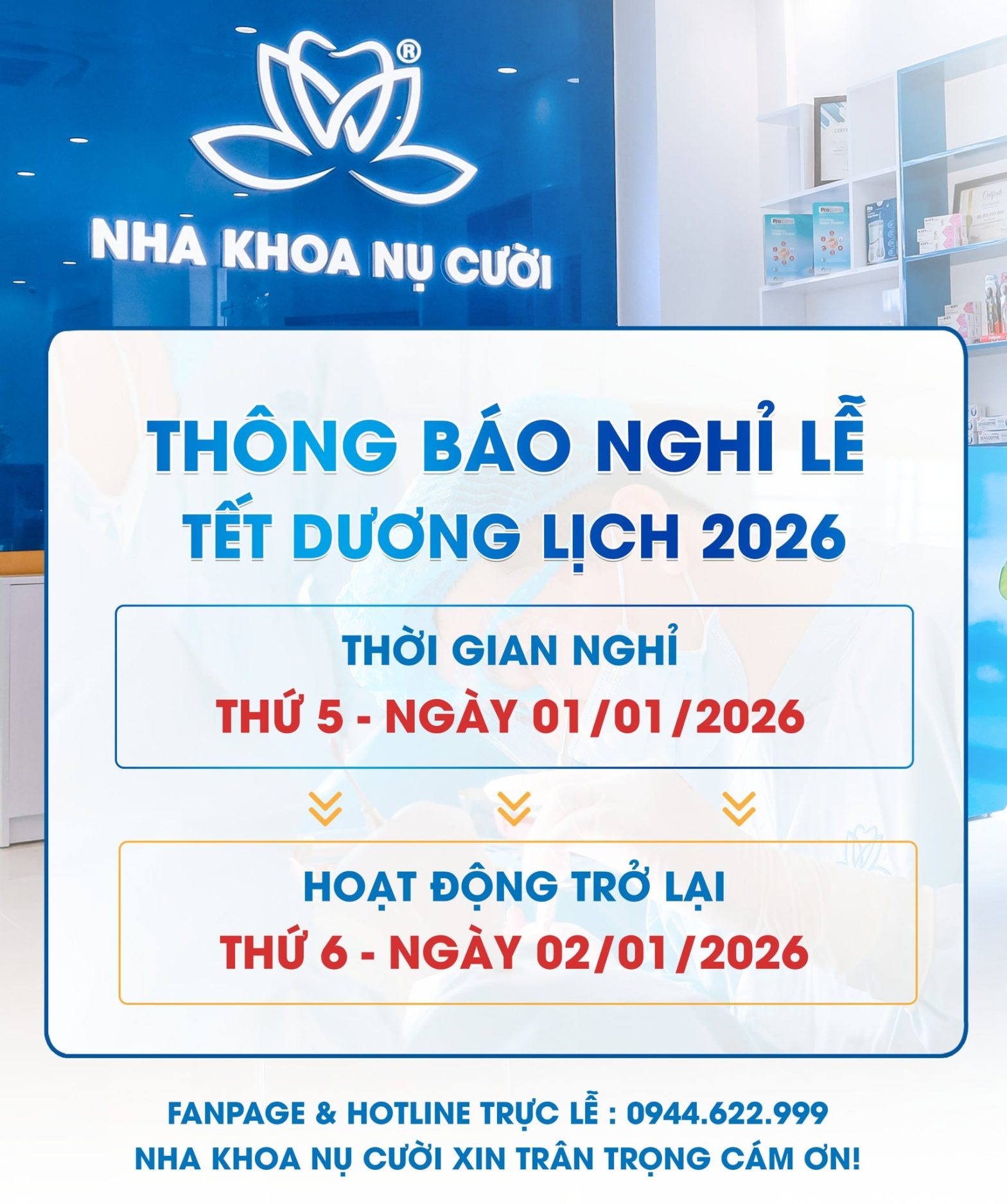 Nha Khoa Nụ Cười Thông Báo: Nghỉ Tết Dương Lịch 2026