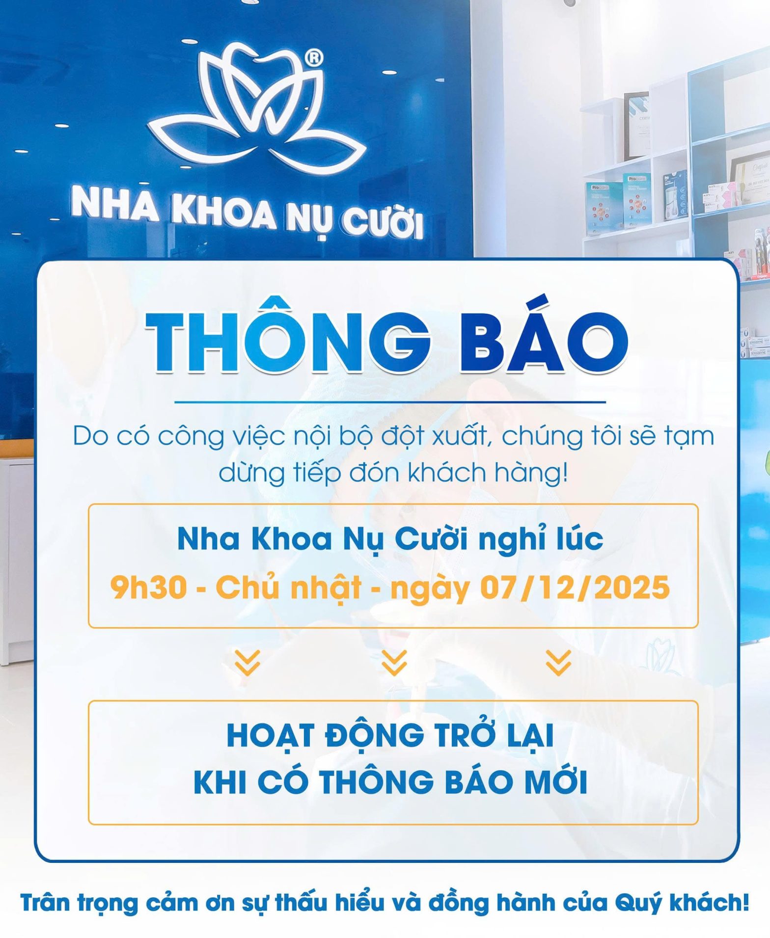 NHA KHOA NỤ CƯỜI THÔNG BÁO TẠM DỪNG ĐÓN KHÁCH